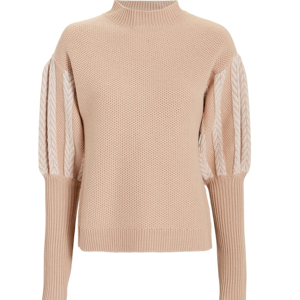 Jonathan Simkhai Neutral Tan Blush Puff Sleeve Wool Sweater